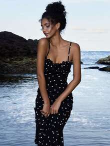 Women's French Chic Slim-Fit Backless Polka Dot Spaghetti Strap Midi Dress - Vintage Elegant Party Dress - 黑色 - 查看 4