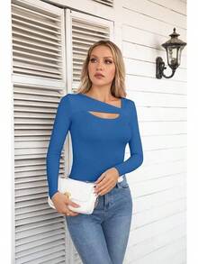Womens Fashion Fall Cutout Long Sleeve Ribbed Slim Fitted Tops Shirts Tee Tshirts - 長藍 - 查看 5