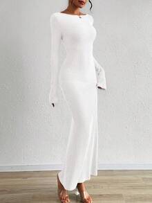 Women's Fall Fashion  Long Sleeve Maxi Dress Ribbed Knit Boat Neck Bodycon Casual Dresses Going Out Outfits - 白色 - 查看 5