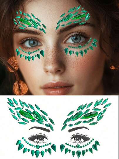 (1 张) 黑色、绿色、黑色和红色脸部水钻贴纸，Y2K 服装派对音乐节闪光宝石眼部和脸部装饰贴纸，透明防水持久逼真自粘水钻贴纸