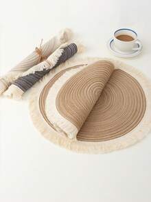 1pc/4pcs/6pcs 15 Inch Round Woven Fringe Placemats, Washable Non-Slip Heat-Resistant Table Mats, Suitable For Home, Dining Table Decor, Spring, Outdoor, Holidays, Parties, Gifts