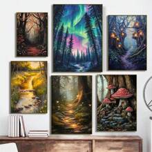 1 pieza Póster de arte de pared con opción de marco, póster de lienzo de pintura de setas botánicas de otoño, sendero de cascada del bosque de otoño de hadas de academia oscura para decoración del hogar en la sala de estar