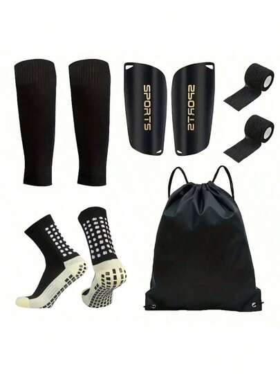 5-Piece Soccer Sports Gear Set With Silicone Grip Football Socks, Shin Guards, Protective Gear, Drawstring Backpack And Sports Tapes - Polyester And Elastane Knitted Tube Socks Solid Color Hand And Machine Washable