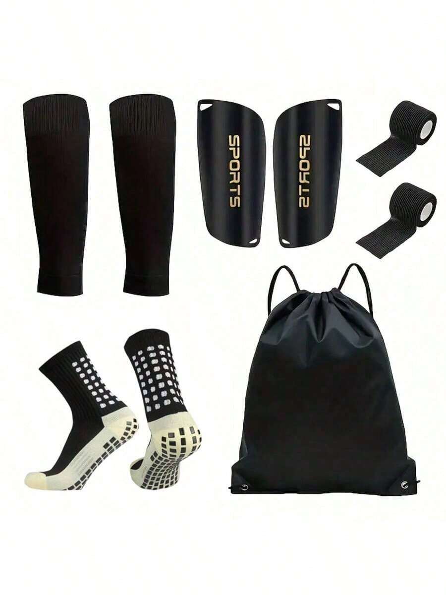 5-Piece Soccer Sports Gear Set With Silicone Grip Football Socks, Shin Guards, Protective Gear, Drawstring Backpack And Sports Tapes - Polyester And Elastane Knitted Tube Socks Solid Color Hand And Machine Washable - Multicolor - View 1