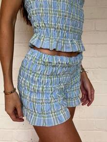 Women Y2k 2 Piece Smocked Loungwear Sleeveless Tiered Ruched Crop Tank Top Low Rise Ruffle Bloomer Shorts Matching Set Summer Fairycore Going Out Set - Màu xanh lam - Xem 6