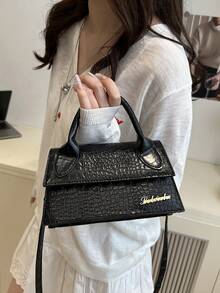 Lightweight Business Casual Square Handbag, Dual Handles, Embossed Crocodile Skin Pattern Letter Design, Suitable For Teenagers, Women, College Students, Young Professionals And Office Workers, Perfect For Office, University, Work, Business, Commuting, Outdoor Activities, Travel And Leisure - Black - View 3