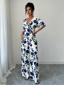 女式褶皱不对称黑白印花连体裤，腰带高腰阔腿宽松休闲工作连体裤 - 藏蓝色 - 查看 6