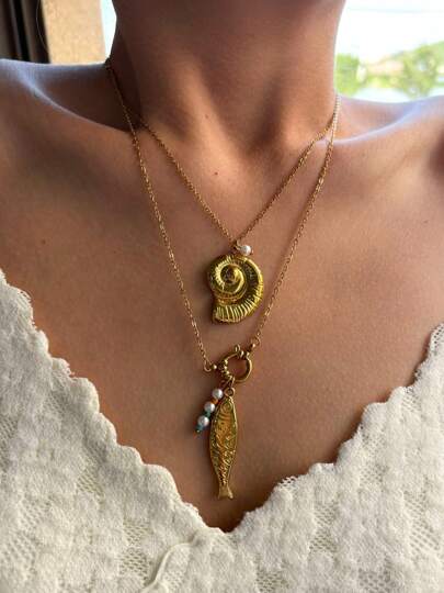 Novo Colar de Aço Inoxidável Feminino, Design Original de Elementos do Oceano na Moda com Concha, Peixinho, Pingente de Pérola, Colar de Pingente de Aço Inoxidável Minimalista de Luxo Casual para Uso Diário e em Férias
