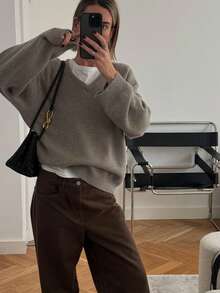 Maglia a costine con scollo a V in tinta unita da donna, maglieria per uso quotidiano per l'autunno - Cammello - Visualizzare 1