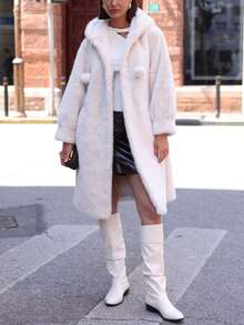 女士长款蓬松连帽加厚保暖蓬松外套 - 白色 - 查看 2