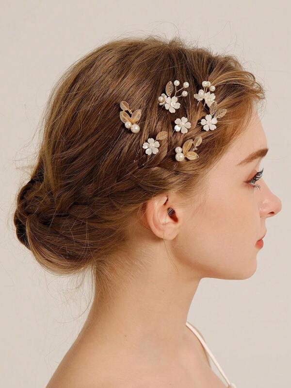 5 piezas/set de pinzas para el cabello en forma de U con flor blanca y hoja dorada, accesorios para la fiesta de novia y damas de honor