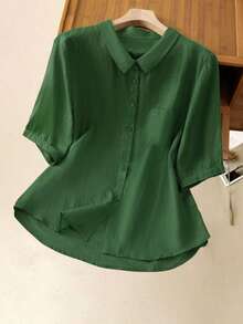 女士舒适休闲亚麻灯笼裤搭配宽松休闲衬衫，组成日常家居花园套装。 - 綠色/杏色 - 查看 3