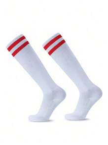 1 Pair Unisex Striped Over-The-Knee Football Socks, Breathable Anti-Slip Sports Socks For Teenagers, Moisture-Wicking, Comfortable, Quick-Drying, Elastic Fit, Suitable For Outdoor Activities, Cycling, Hiking, Running And Active Play For Boys And Girls 9+ Years Old, All Seasons