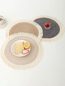 1pc/4pcs/6pcs 15 Inch Round Woven Fringe Placemats, Washable Non-Slip Heat-Resistant Table Mats, Suitable For Home, Dining Table Decor, Spring, Outdoor, Holidays, Parties, Gifts