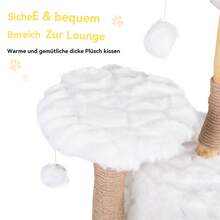 Rascador natural blanco de madera maciza y felpa, árbol para gatos con plataformas, cueva para acurrucarse y pelotas de juego, rascador estable para gatos de 109 cm para interiores.