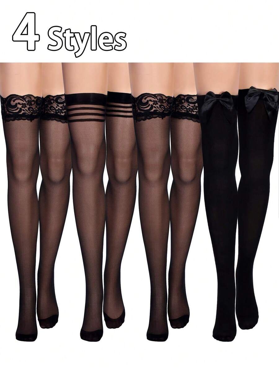 1/4 Pairs Of Women's Knee Socks, Bow Knee Socks, Girls Thigh Socks - Black - View 1