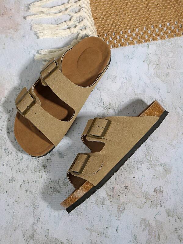 Sandali a fascia uomo, colore unito, tomaia in pelle, supporto plantare, suola in sughero morbida, ciabatte da spiaggia confortevoli, adatte per uso quotidiano, passeggiata, casual, taglie grandi, cinturino regolabile con decorazione fibbia in metallo, disponibili nei colori bianco, nero, marrone, taglie 37-47 unisex