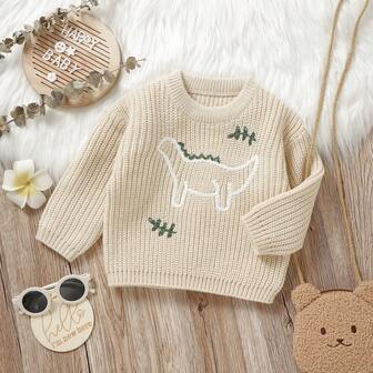 Cute Dinosaur Embroidered | Infant & Toddler Pullover Sweater, Casual Fashion Long Sleeve