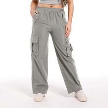 4 Flap Pockets Button Cargo Pants, Casual Loose Elastic Waist Pants,Y2K Style - Light Grey - View 3