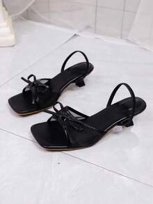 Giày sandal mùa hè mới bằng da mềm, mũi vuông, quai chun, đế dày đa năng, sandal cao gót lưới thắt nơ dành cho nữ. - màu đen - Xem 7