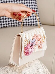New Flower & Pearl Decor Party Handbag, Elegant & Sweet Style Clutch Purse For Women, Suitable For Formal Event, Party Dress, Cell Phone, Lipstick, Fashion Versatile