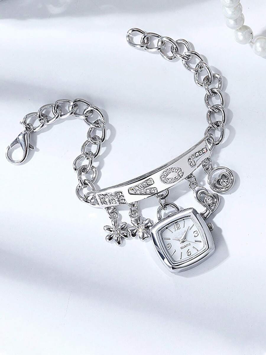 1 件时尚合金水钻吊坠和 LOVE 手链手表套装，简约女士石英手表 - 銀色 - 查看 1