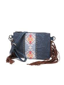 Fringed Crossbody Bag Intricate Embossing, Colorful Weave, Perfect For Adding Bohemian Vibe - 藍色 - 查看 6