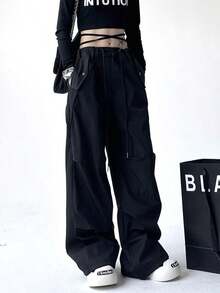 Pantalones de trabajo de las mujeres Pantalones de pierna ancha de América, las mujeres sueltas Yuppie Arrastre Piso Deportes Pantalones Largos - Negro - Ver 4