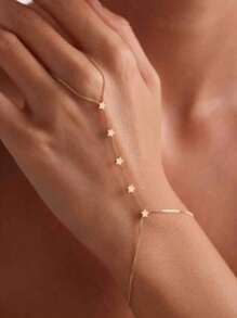 1 pieza Brazalete de mujer con hoja de diamante de estilo bohemio y cristal, brazalete de cadena fina simple para el dedo, accesorio de joyería como regalo