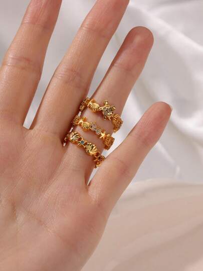 1 Stück Zirkonia Muschel Seestern Schildkröte offener Ring für Frauen, Sommer Strand goldfarben Fingerring, 2025 neue Mode Hochzeits-Paar Schmuckgeschenk