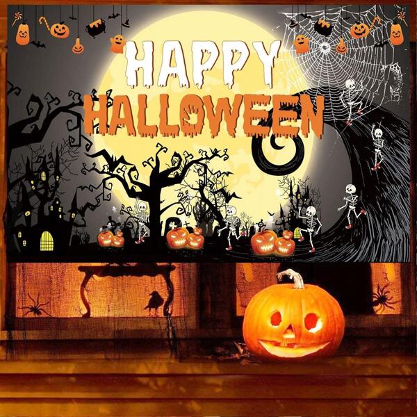 1 affiche de fond de logo thème Halloween heureux, en tissu de polyester, avec trous aux quatre coins, en quatre tailles convenant à diverses situations. Motifs créatifs de citrouille diabolique, goule, chauve-souris, araignée, lune, convenant pour les fêtes à thème Halloween, les arrière-plans de photomaton, les accessoires de fête