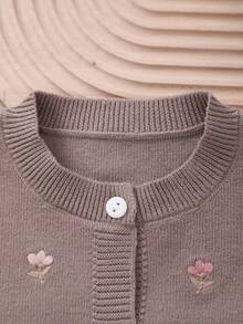 女婴针织圆领花卉刺绣开衫 - 咖啡棕 - 查看 2