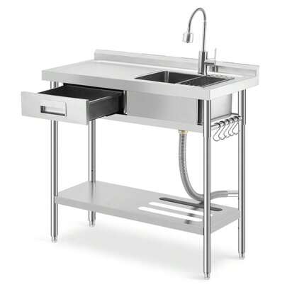 Danolapsi Utility Sink Free Standing Kitchen Sink With Workbench & Drawer,Stainless Steel Utility Sink, Commercial Prep Sink With Pull-Out Faucet,Storage Shelf For Kitchen,Garage,Outdoor,Laundry Room