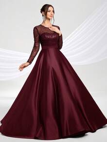 Elisanya 优雅女士晚礼服正式舞会派对长裙半透明长袖舞会礼服，适合婚礼宾客毕业典礼周年生日宴会晚宴 - 酒紅色 - 查看 4