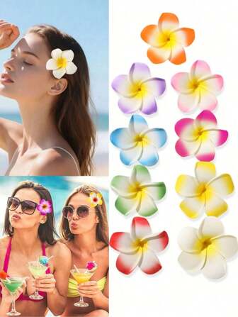 9 Pcs Hawaiian Flower Hair Clips, Women Artificial Flower Hair Clips, Plumeria Hair Clips,Hibiscus Hair Clips Suitable For Holiday Beach Party, Summer Tropical Flower Hair Accessories, Wedding Party, Holiday Gifts For Girls, Mother's Day Gifts Color Mixing, Claw Clips, Hair Claws, Hair Slide, Hair Barrettes, School Stuff