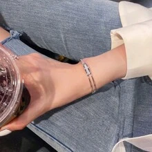 1pc Luxurious Zirconia Circle Open Bangle Bracelet, Geometric Design, Fashion Accessory For Daily Casual Wear, Elegant Gift For Mom, Valentine's Day, Holiday Party