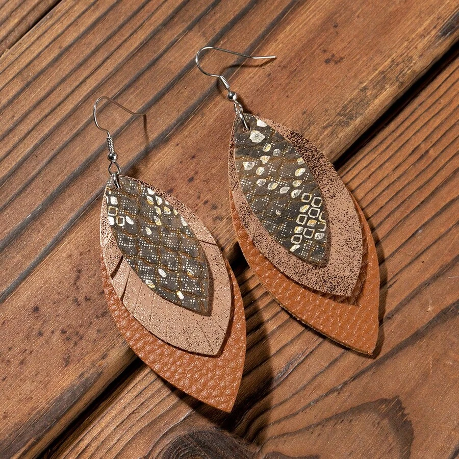 European And American Fashion Leather Multi-Layer Earrings Leaf-Shaped PU Earrings - 金色 - 查看 1