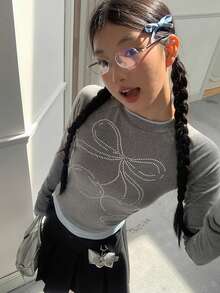 新设计感小原创V领水钻樱桃蝴蝶结长袖修身T恤 - 灰色 - 查看 6