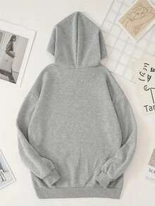 Sudadera con Capucha Casual de Color Sólido para Mujer - Poliéster, Lavable a Máquina, Bolsillo Canguro, Sudadera de Manga Larga con estampado de letras - Gris - Ver 2