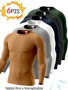 Set de 6 camisetas  para hombre, de manga larga estilo novio de compresión y de secado rápido, para uso en fitness, correr, baloncesto, fútbol y entrenamiento - 6 piezas - Ver 1