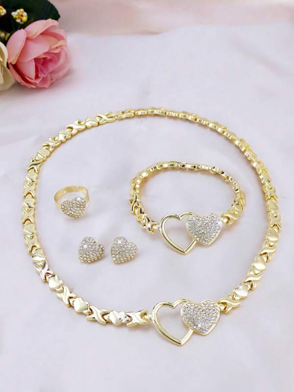 4pcs Fashionable Women's Golden XOXO Love Hug Plated Gold Pendant Necklace Earrings Jewelry Set, Ideal For , Dubai, Africa, Europe And America Parties, Weddings And Festivals Gifts