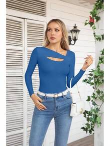 Womens Fashion Fall Cutout Long Sleeve Ribbed Slim Fitted Tops Shirts Tee Tshirts - 長藍 - 查看 3