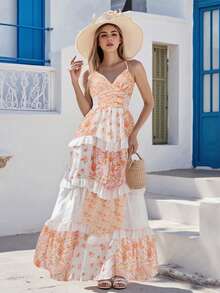 Women's Floral Print Long Dress Sleeveless Spaghetti Strap Tiered Ruffle Dress Vacation Dress