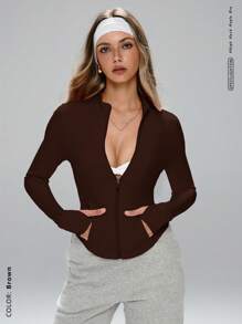 FWH Women's Fashionable Design Small Stand-Collar Outdoor Running Yoga Exercise Casual Style Fabric Comfortable Stretch Visually Shaping Waist-Defining Basic Versatile Youthful Sun-Protection Sport Jacket Long Sleeves