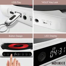 MEGICOT Bluetooth Rechargeable CD Player With Hold Function LED Display USB Audio Port, 2000mAh Personal MP3 CD Player For Listening Music Prenatal Education Study - Black - View 4