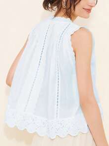 Women's summer hollow lace hem top, solid color, lightweight and versatile, suitable for all occasions - Azul - Ver 4