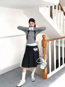 新设计感小原创V领水钻樱桃蝴蝶结长袖修身T恤 - 灰色 - 查看 7