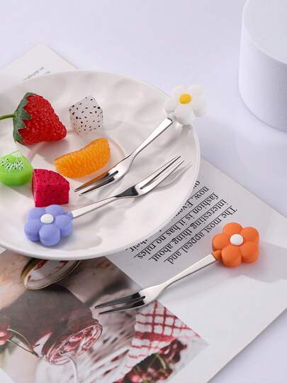 4pcs Sunflower Handle Fruit Forks, Colorful Flower Stainless Steel Fruit Forks, Dessert Forks