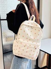 1 件白色尼龙花卉印花双拉链大容量时尚多功能背包，学生包 - 白色 - 查看 4