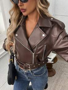 Chaqueta corta de cremallera de unicolor y estilo minimalista para uso diario de mujer - Marrón rojizo - Ver 8
